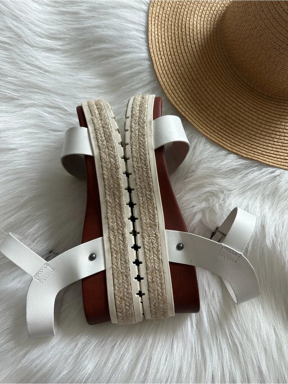 MIA White Ankle-Strap Espadrille Sandals with Brown Footbed Sz 8.5M